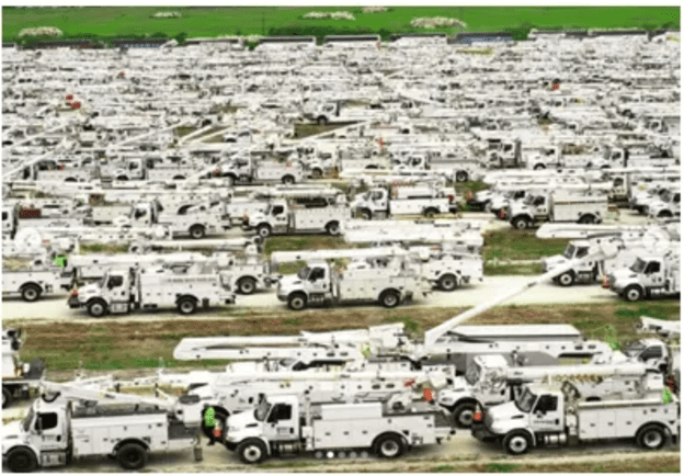 The tens of thousands of bucket trucks and other equipment were brought by utility personnel from utilities of all sizes, all over the U.S.