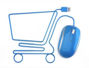 Online shopping, blue mouse in the shape of a shopping cart